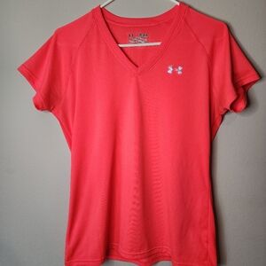 Under Armour HeatGear Semi-Fitted Short Sleeve V Neck Tee, Pink, Women's Medium